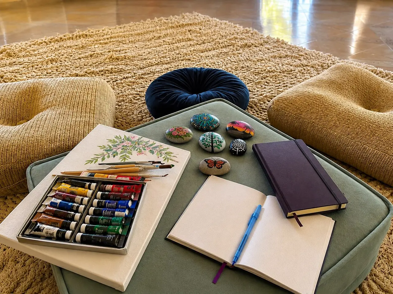 Paints, brushes, and hand-painted stones set out for an art session at the retreat