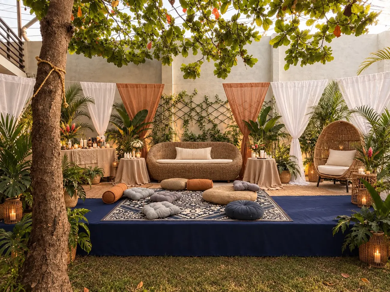 The outdoor garden sala with the blue deck, sofa, and floor cushions at Villa del Sol Garden