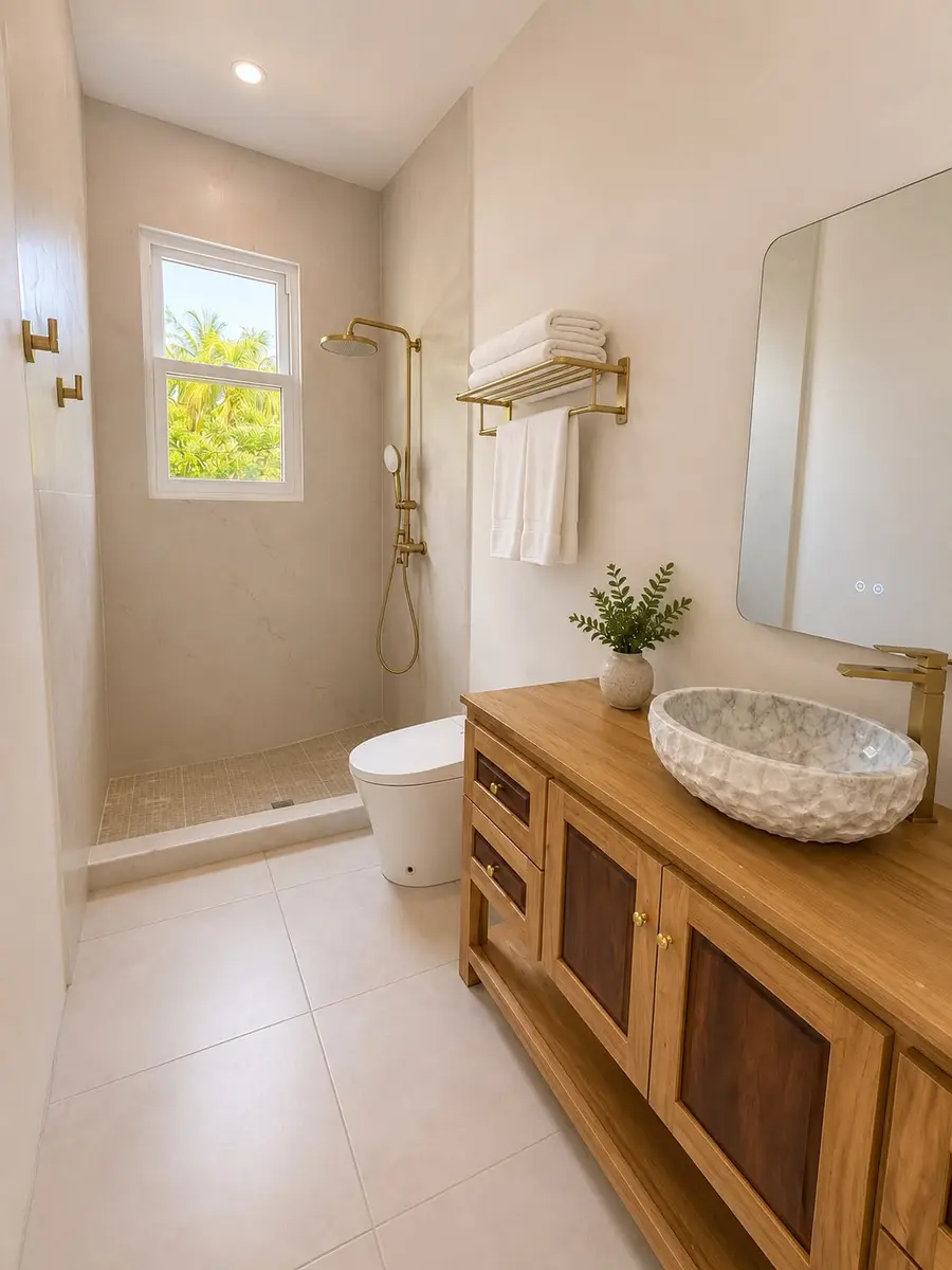 The In the Forest suite ensuite bathroom with a rain shower
