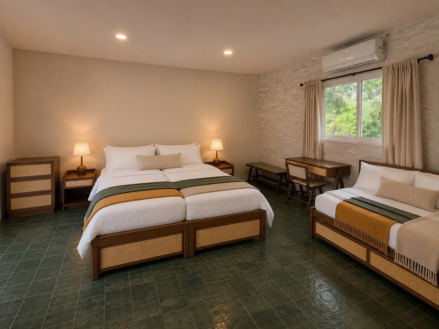 The In the Forest suite with flexible beds and a green-tile floor